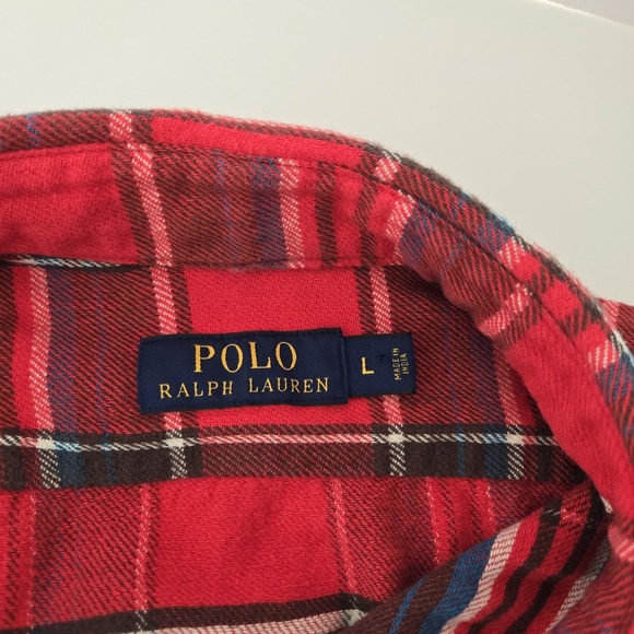 Polo Ralph Lauren Plaid Flannel Shirt Chest Pockets Size L Button‎ Down Red Blue - Picture 4 of 9